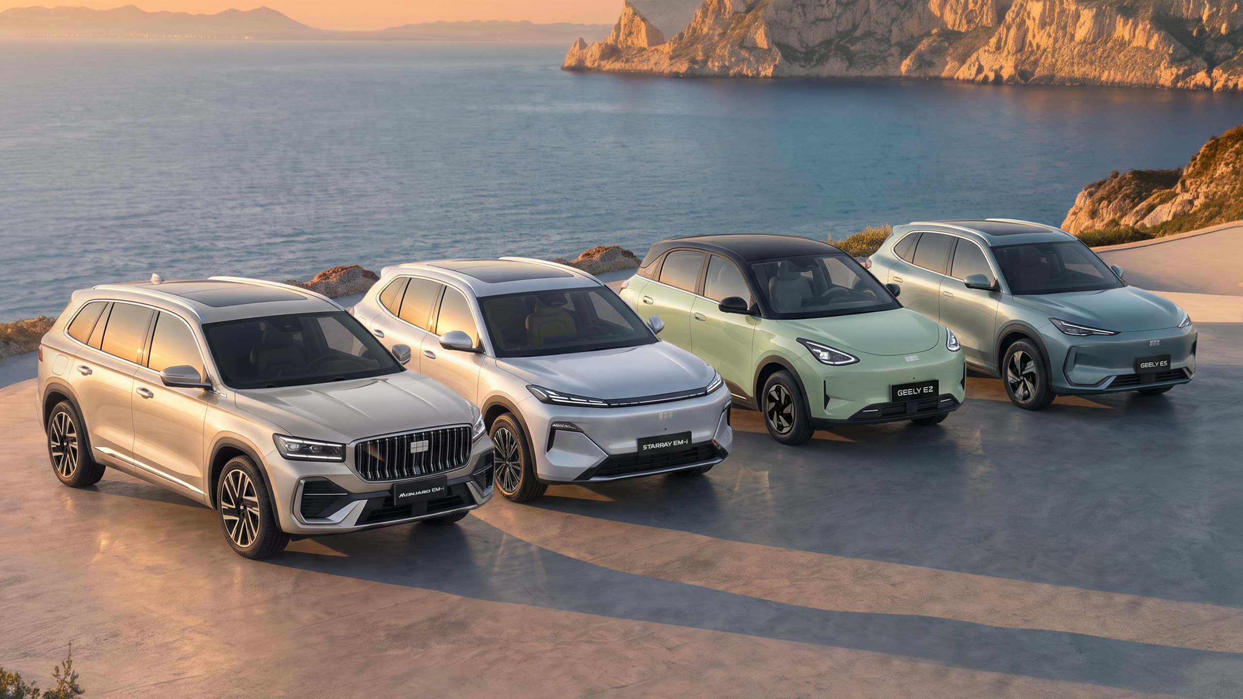 Nuevo Geely Monjaro EM-i junto al resto de la gama Geely en un mirador de la costa